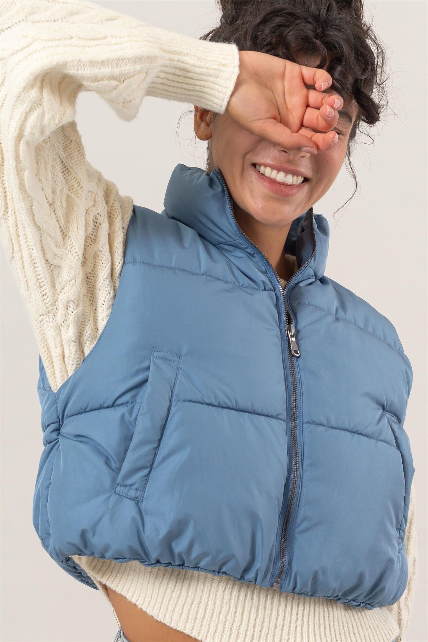 Gray Blue Cropped Zipper Closure Puffer Vest | The Closet Gray Blue Cropped Zipper Closure Puffer Vest | The Closet