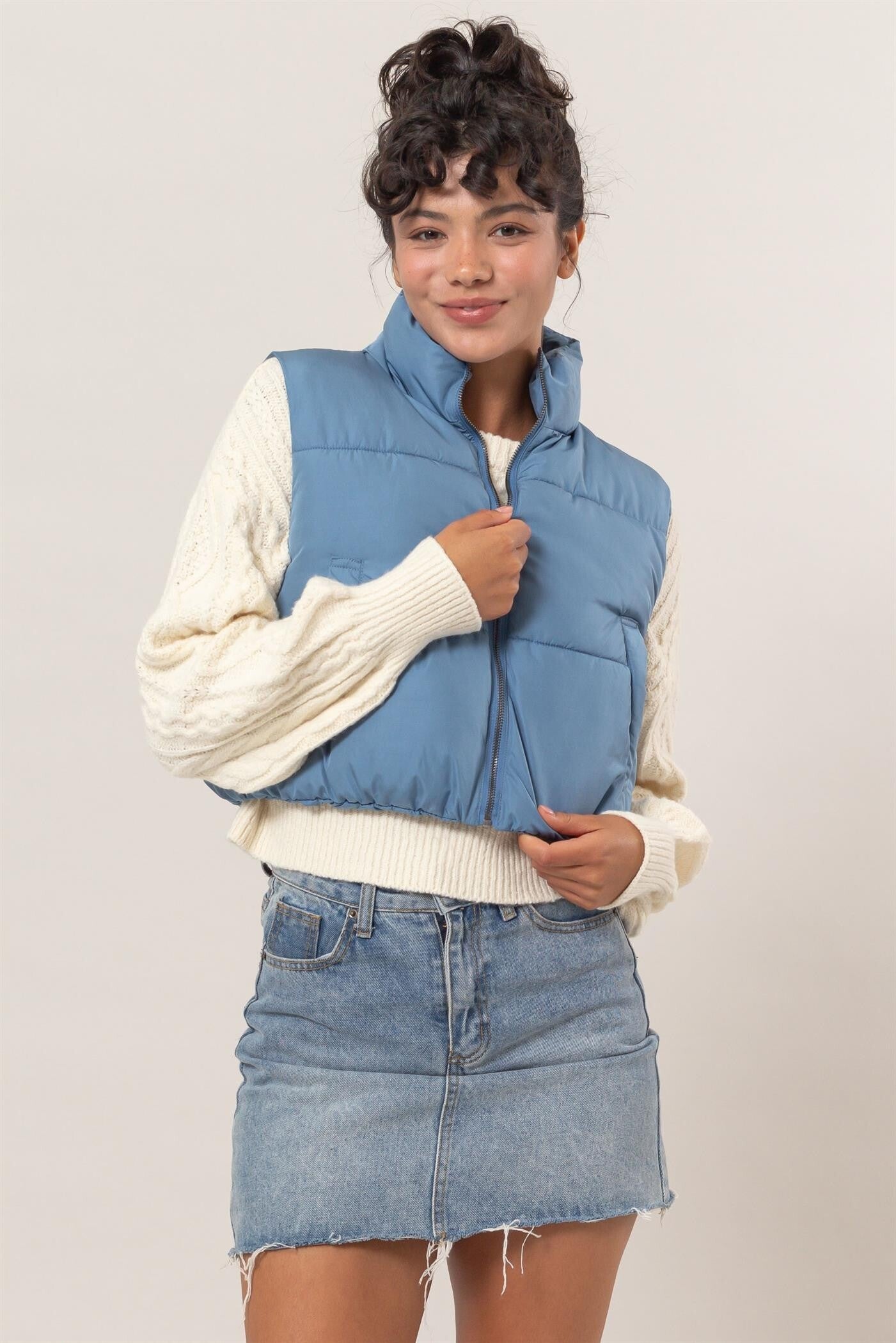 Gray Blue Cropped Zipper Closure Puffer Vest | The Closet Gray Blue Cropped Zipper Closure Puffer Vest | The Closet